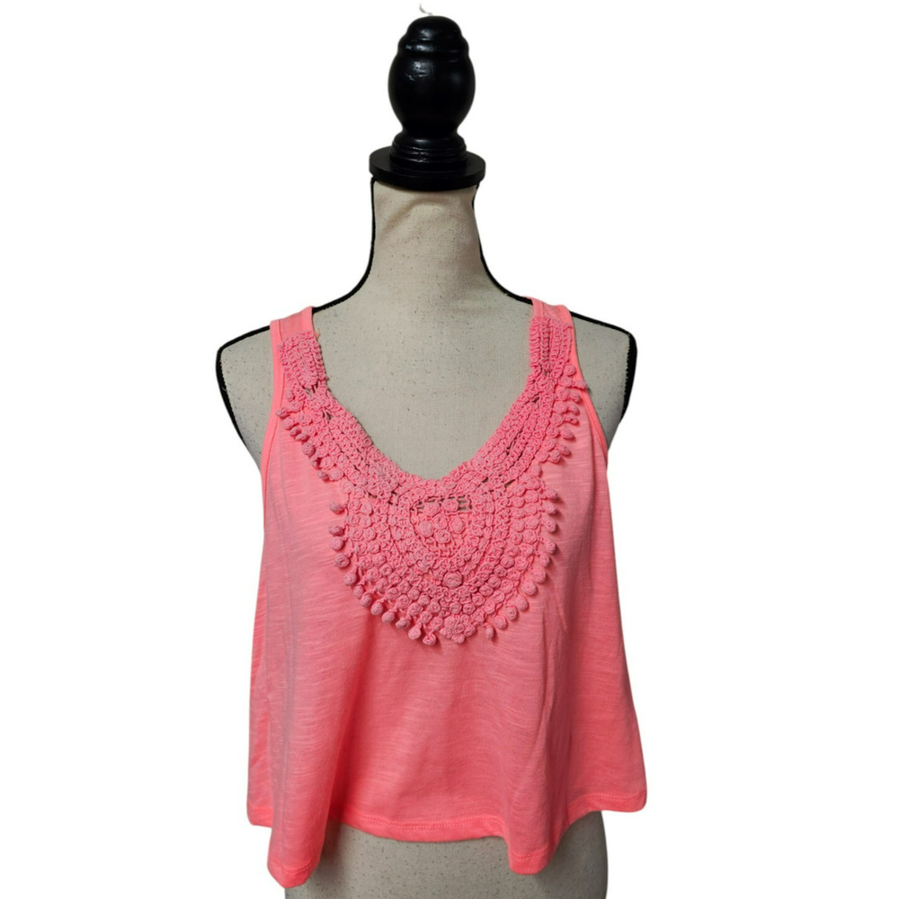 IRIS Los Angeles Womens Size Large Crop Top Neon Hot Pink Crochet Trim Tank